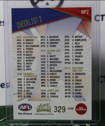 2019 SELECT  AFL DOMINANCE CHECKLIST 2 # HP2  CHECKLIST  329/350