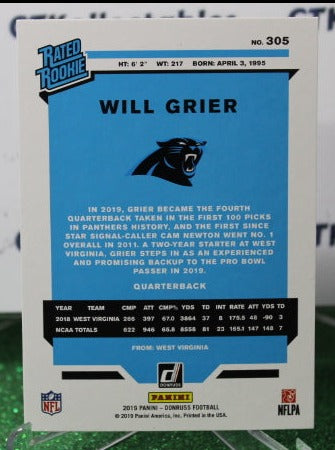 2019 PANINI DONRUSS WILL GRIER # 305 RATED  ROOKIE NFL CAROLINA PANTHERS GRIDIRON CARD