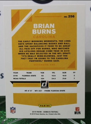 2019 PANINI DONRUSS BRIAN BURNS # 256 ROOKIE  NFL CAROLINA PANTHERS GRIDIRON CARD
