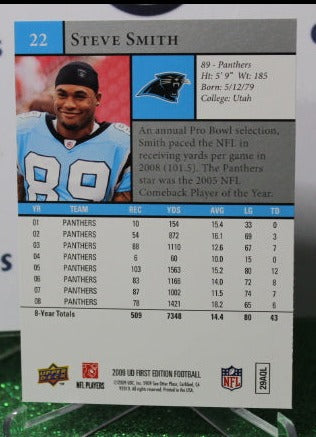 2009 UPPER DECK STEVE SMITH # 22  NFL CAROLINA PANTHERS GRIDIRON CARD