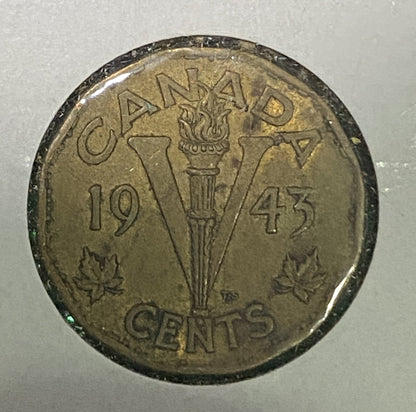 CANADIAN 1943 WAR VICTORY TOMBAC NICKEL 5 CENTS COIN GEORGE VI (FINE/VG+)