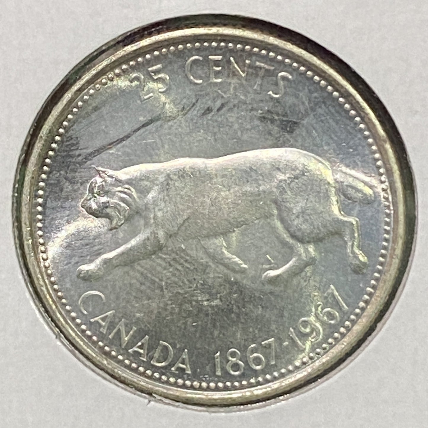 CANADIAN 1967 Confederation Centennial Silver 25 Cents Quarter Coin LYNX VF+