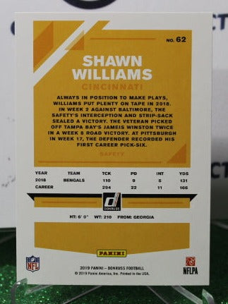 2019 PANINI DONRUSS SHAWN WILLIAMS # 62 NFL CINCINNATI BENGALS  GRIDIRON CARD