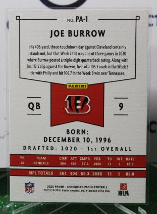 2020 PANINI CHRONICLES  JOE BURROW # PA-1 ROOKIE BRONZE NFL CINCINNATI BENGALS  GRIDIRON CARD
