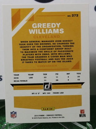 2019 PANINI DONRUSS GREEDY WILLIAMS # 272 ROOKIE NFL CLEVELAND BROWNS  GRIDIRON CARD