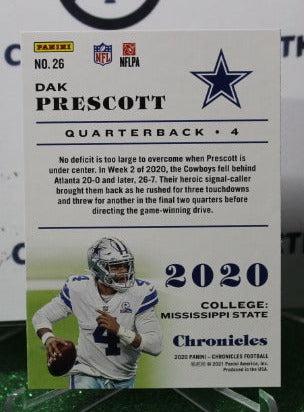 2020 PANINI CHRONICLES DAK PRESCOTT # 26 NFL DALLAS COWBOYS GRIDIRON CARD