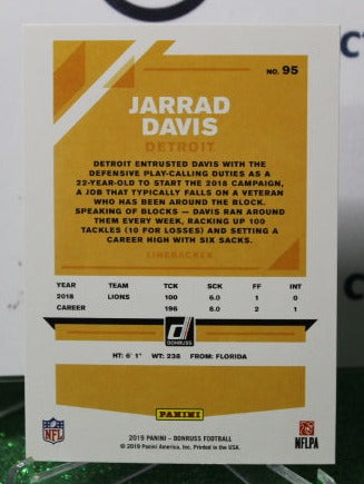 2019 PANINI DONRUSS JARRAD DAVIS # 95 NFL DETROIT LIONS GRIDIRON CARD