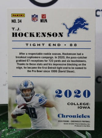 2020 PANINI CHRONICLES T.J. HOCKENSON # 34 BRONZE NFL DETROIT LIONS GRIDIRON CARD