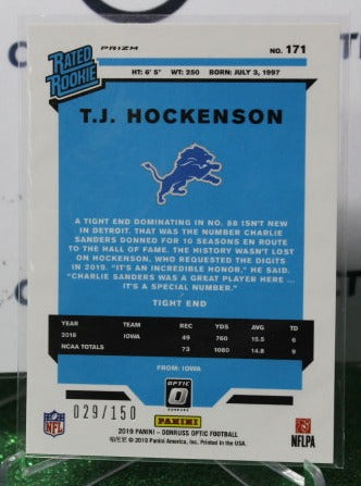 2019 PANINI DONRUSS OPTIC T.J. HOCKENSON # 171 RATED ROOKIE BLUE FOIL NFL DETROIT LIONS GRIDIRON CARD