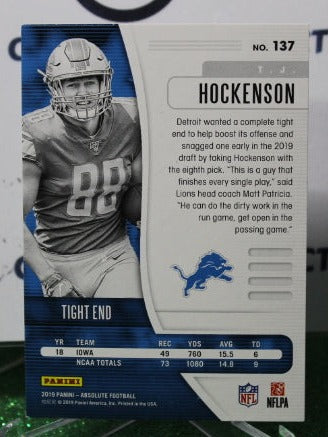 2019 PANINI ABSOLUTE T.J. HOCKENSON # 137 ROOKIE FOIL NFL DETROIT LIONS GRIDIRON CARD