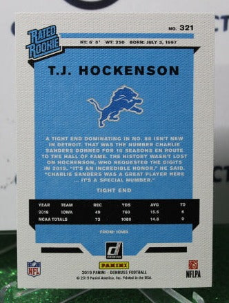 2019 PANINI DONRUSS T.J. HOCKENSON # 321 RATED ROOKIE CANVAS NFL DETROIT LIONS GRIDIRON CARD