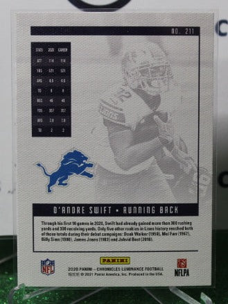 2020 PANINI CHRONICLES LUMINANCE D'ANDRE SWIFT # 211 ROOKIE NFL DETROIT LIONS GRIDIRON CARD