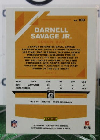 2019 PANINI DONRUSS OPTIC DARNELL SAVAGE JR. # 109 ROOKIE NFL GREEN BAY PACKERS GRIDIRON  CARD
