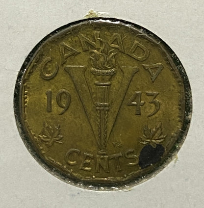 CANADIAN 1943 WAR VICTORY TOMBAC NICKEL 5 CENTS COIN GEORGE VI (F/VF)