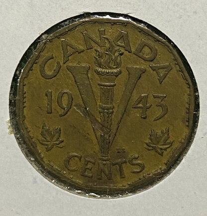 CANADIAN 1943 WAR VICTORY TOMBAC NICKEL 5 CENTS COIN GEORGE VI (FINE/VG+)
