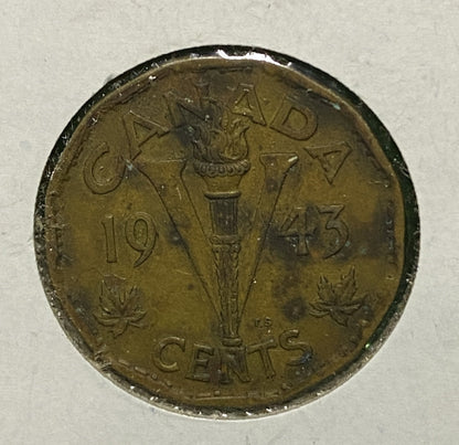 CANADIAN 1943 WAR VICTORY TOMBAC NICKEL 5 CENTS COIN GEORGE VI (FINE/VG+)
