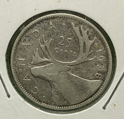 CANADIAN 1938 SILVER 25 CENTS QUARTER COIN KING GEORGE VI  VG+ /  FINE CONDITION