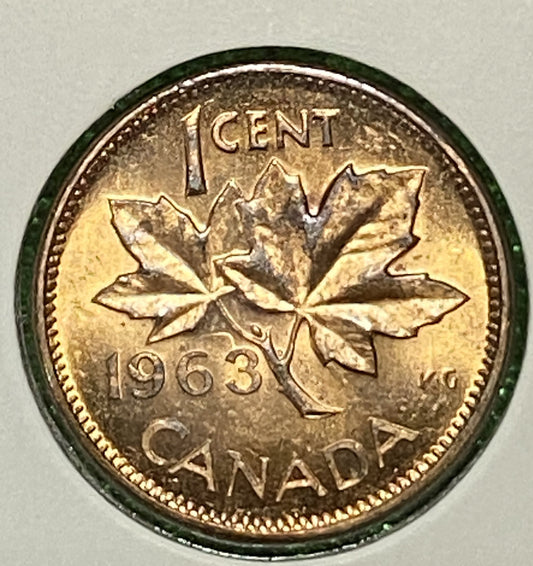 ERROR CANADIAN 1963 BOOMARANG 3  Queen Elizabeth II  1 CENT PENNY KEY COIN UNC / BU CONDITION