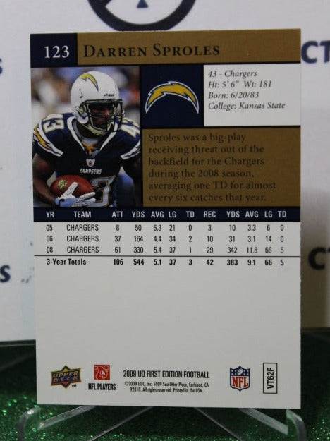 2009 UPPER DECK DARREN SPROLES  # 123 GOLD NFL LOS ANGELES CHARGERS  GRIDIRON  CARD