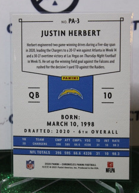 2020 PANINI CHRONICLES  JUSTIN HERBERT # PA-3 ROOKIE NFL LOS ANGELES CHARGERS  GRIDIRON  CARD