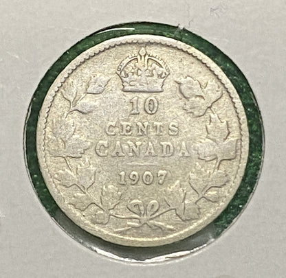 CANADIAN 1907 DIME 10 CENTS SILVER COIN KING EDWARD VII (G / VG)