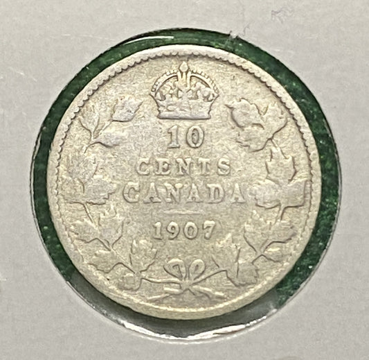 CANADIAN 1907 DIME 10 CENTS SILVER COIN KING EDWARD VII (G / VG)