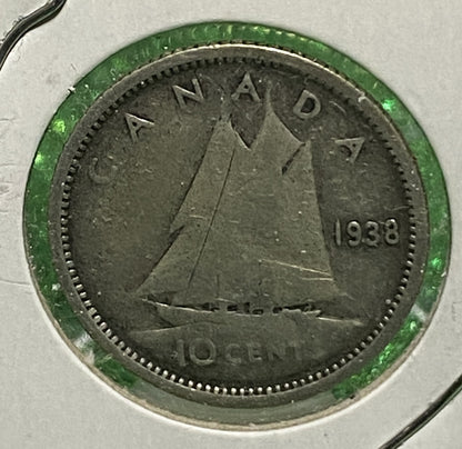 CANADIAN 1938 DIME 10 CENTS SILVER COIN KING GEORGE VI (G / VG)