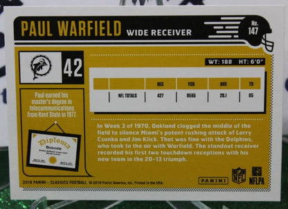 2018 PANINI CLASSICS PAUL WARFIELD # 147 NFL MIAMI DOLPHINS GRIDIRON  CARD