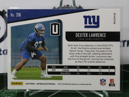 2019 PANINI UNPARRALLELED DEXTER LAWRENCE # 216 ROOKIE NFL NEW YORK GIANTS GRIDIRON  CARD