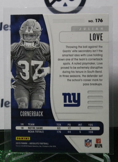 2019 PANINI ABSOLUTE JULIAN LOVE # 176 ROOKIE  NFL NEW YORK GIANTS GRIDIRON  CARD