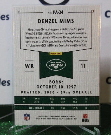 2020 PANINI CHRONICLES DENZEL MIMS # PA-24 ROOKIE  NFL NEW YORK  JETS GRIDIRON  CARD