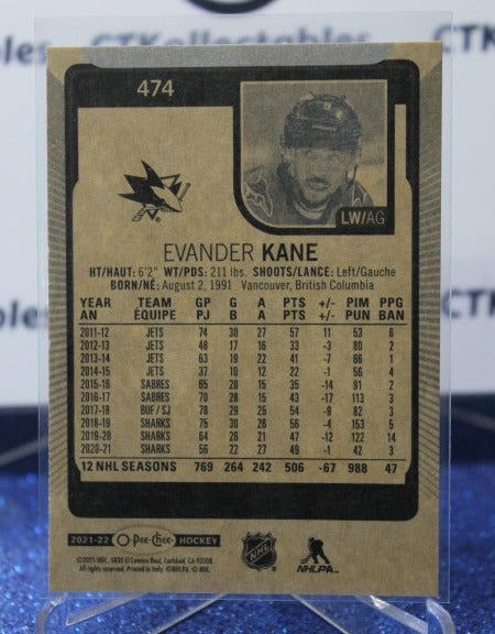 2021-22 O-PEE-CHEE EVANDER KANE # 474 SAN JOSE SHARKS NHL HOCKEY CARD