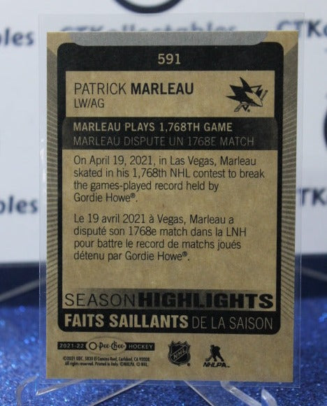 2021-22 O-PEE-CHEE SEASON HIGHLIGHTS PATRICK MARLEAU # 591 SAN JOSE SHARKS NHL HOCKEY CARD