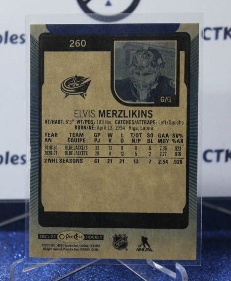 2021-22 O-PEE-CHEE ELVIS MERZLIKINS  # 260 BLUE PARALLEL GOALTENDER  COLUMBUS BLUE JACKETS NHL HOCKEY TRADING CARD