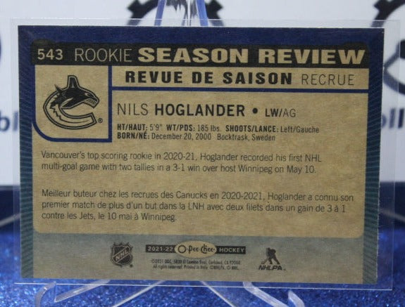 2021-22 O-PEE-CHEE ROOKIE SEASON REVIEW NILS HOGLANDER # 543 BLUE PARALLEL VANCOUVER CANUCKS HOCKEY CARD