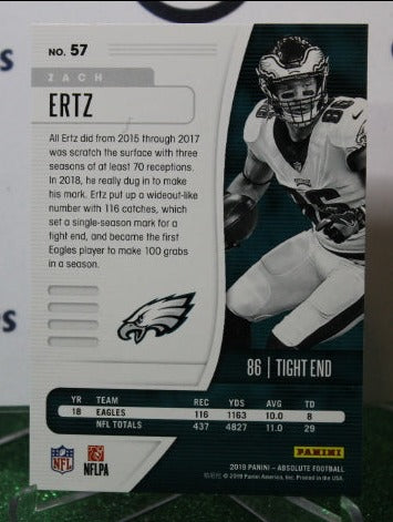 2019 PANINI ABSOLUTE ZACH ERTZ # 57 NFL PHILADELPHIA EAGLES GRIDIRON  CARD