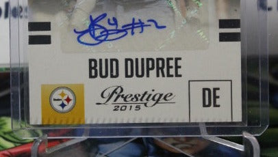 2015 PANINI PRESTIGE BUD DUPREE # 201 AUTO ROOKIE ERROR POOR MACHINE CUT BOTTOM NFL PITTSBURGH STEELERS GRIDIRON  CARD