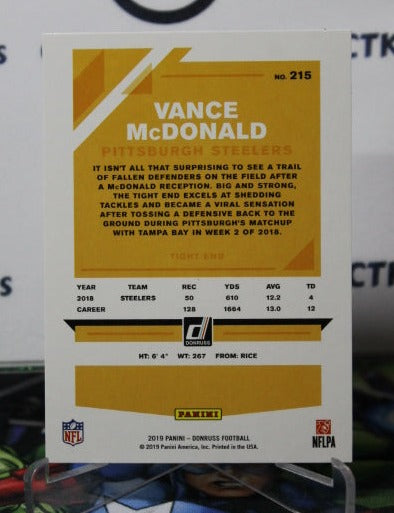 2019  PANINI DONRUSS VANCE McDONALD # 215 NFL PITTSBURGH STEELERS GRIDIRON  CARD