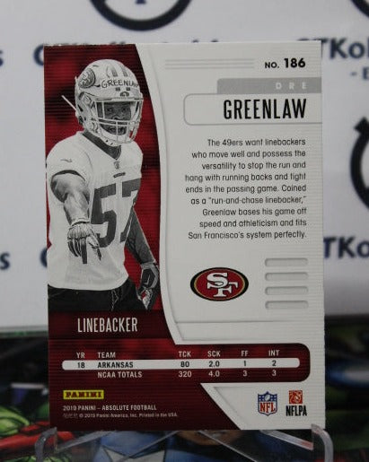 2019 PANINI ABSOLUTE DRE GREENLAW # 186 ROOKIE NFL SAN FRANCISCO 49ERS GRIDIRON  CARD