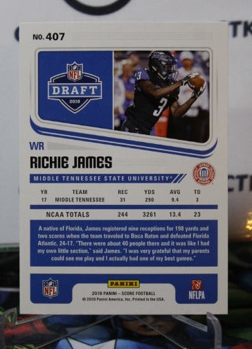 2018 PANINI SCORE RICHIE JAMES # 407 DRAFT ROOKIE  NFL SAN FRANCISCO 49ERS GRIDIRON  CARD
