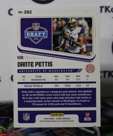 2018 PANINI SCORE DANTE PETTIS # 392 DRAFT ROOKIE  NFL SAN FRANCISCO 49ERS GRIDIRON  CARD