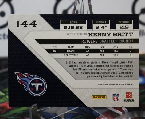 2010 PANINI THREADS KENNY BRITT  # 144  NFL TENNESSEE TITANS GRIDIRON  CARD
