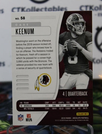 2019 PANINI ABSOLUTE CASE KEENUM # 58 NFL WASHINGTON REDSKINS GRIDIRON  CARD