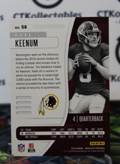 2019 PANINI ABSOLUTE CASE KEENUM # 58 GREEN NFL WASHINGTON REDSKINS GRIDIRON  CARD