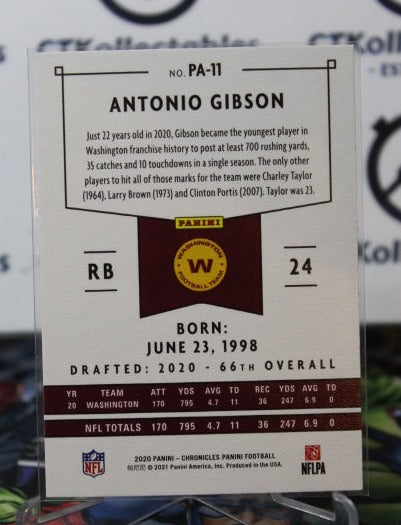 2020 PANINI  CHRONICLES  ANTONIO GIBSON # PA-11 ROOKIE NFL WASHINGTON REDSKINS GRIDIRON  CARD