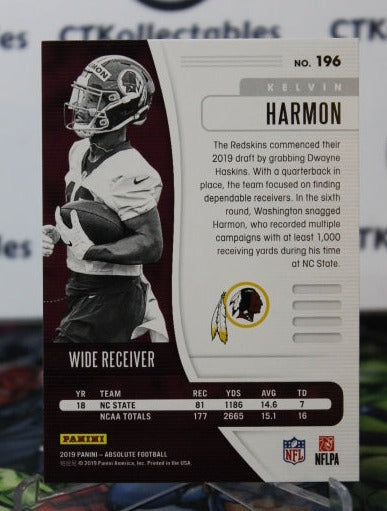 2019 PANINI ABSOLUTE KELVIN HARMON # 196 ROOKIE NFL WASHINGTON REDSKINS GRIDIRON  CARD