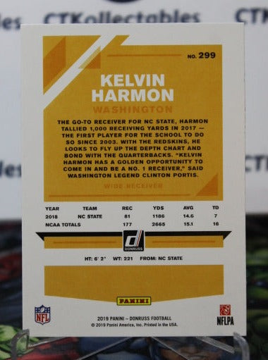 2019 PANINI DONRUSS KELVIN HARMON # 299 ROOKIE NFL WASHINGTON REDSKINS GRIDIRON  CARD