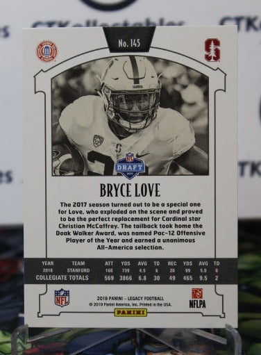 2019 PANINI LEGACY BRYCE LOVE # 145 DRAFT ROOKIE NFL WASHINGTON REDSKINS GRIDIRON  CARD