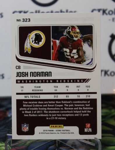 2018 PANINI SCORE JOSH NORMAN # 323  NFL WASHINGTON REDSKINS GRIDIRON  CARD