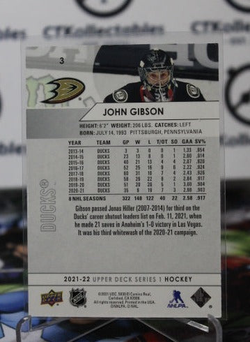 2021-22 UPPER DECK  JOHN GIBSON # 3 ANAHEIM DUCKS NHL HOCKEY CARD